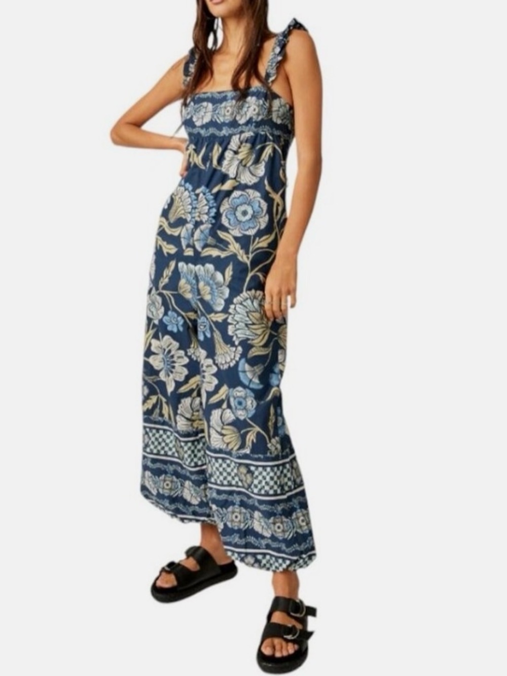 Free People Navy Floral Smocked Wide-Leg Jumpsuit